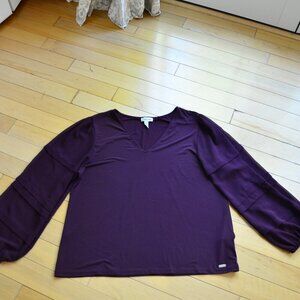 Calvin Klein V Neck Blouse with Sheer Sleeves Size XL Merlot